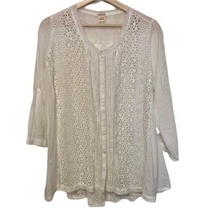 Sundance White Eyelet Button Down 3/4 Length Sleeve Blouse Small